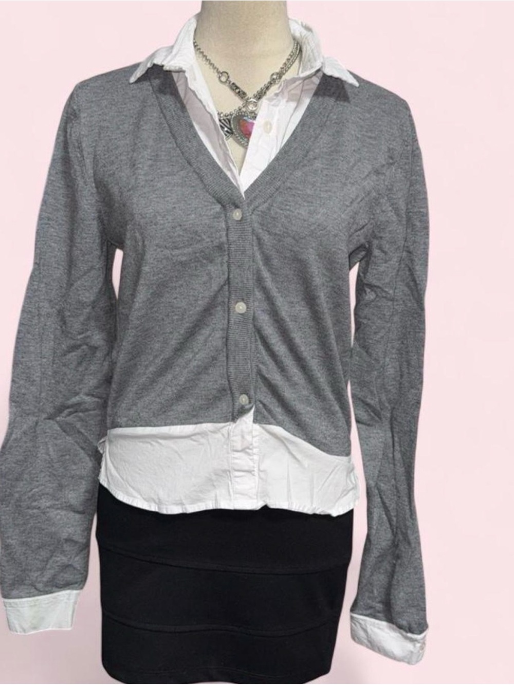 Classic Gray V-Neck Button Cardigan with Layered Shirt Detail